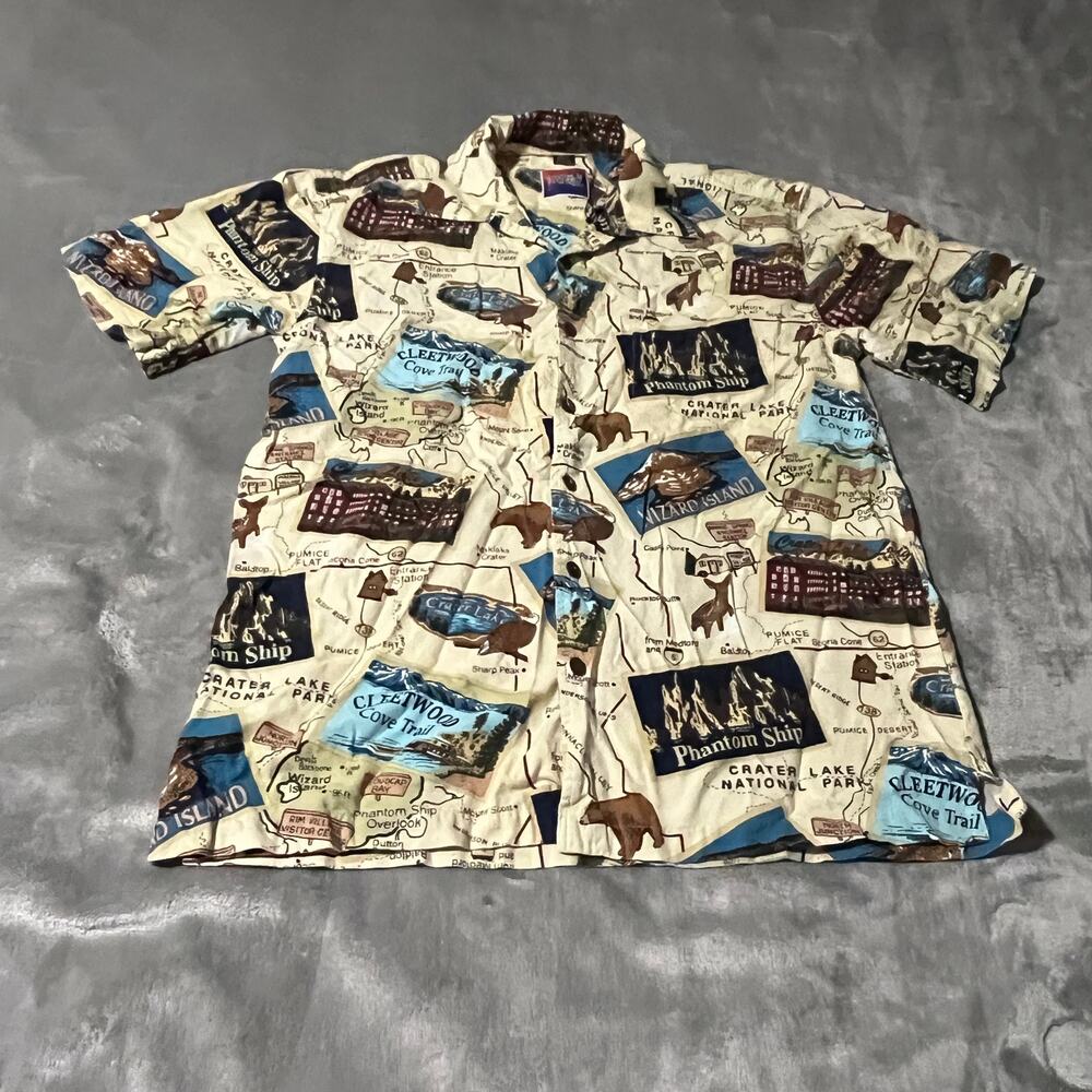 Dem Crazy Shirt Mens Large Cream All‎ Over Print Button Up Short Sleeves Casual